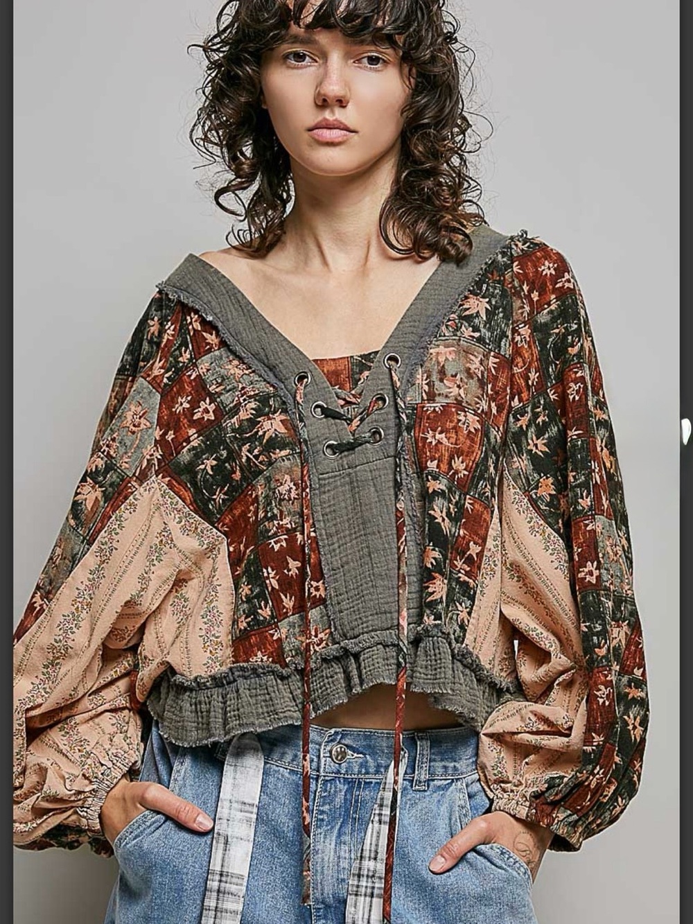 Pol Boho Patchwork Lace-Up Crop Top - Olive, Rust & Cream